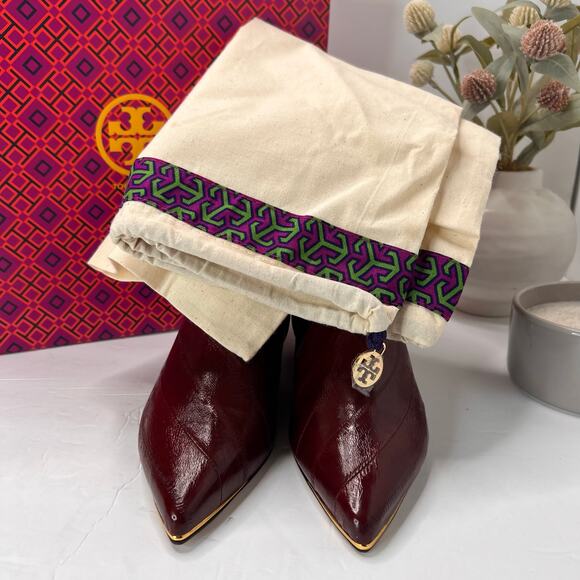 Tory Burch Lila 25mm Eel Leather Bootie Side Zip Wine Women's 5.5M NWB - Picture 9 of 12